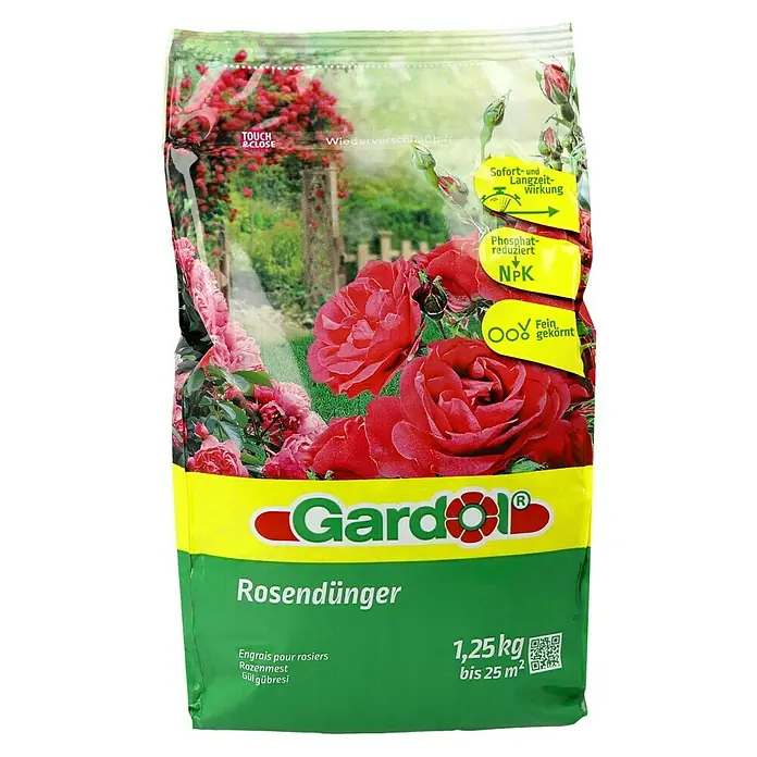 Gardol Rosendünger - 1,25 kg, Max. Anwendungsfläche: 25 m² - Abbildung einer Packung Gardol Rosendünger mit Rosenmotiven, die Sofort- und Langzeitwirkung verspricht und für bis zu 25 m² geeignet ist.