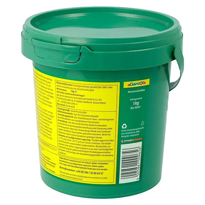 Gardol Hortensienblau - 1 kg, Max. Anwendungsfläche: 50 m² - Bild eines grünen Eimers Gardol Hortensienblau, einem Produkt zur Blaufärbung von Hortensien, mit einem Nettogewicht von 1 kg.