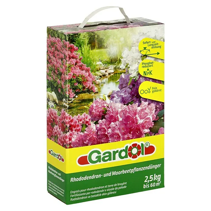 Gardol Rhododendrondünger - 2,5 kg, Max. Anwendungsfläche: 60 m² - Abbildung einer Packung Rhododendron- und Moorbeetpflanzendünger von Gardol mit blühenden Rhododendren.