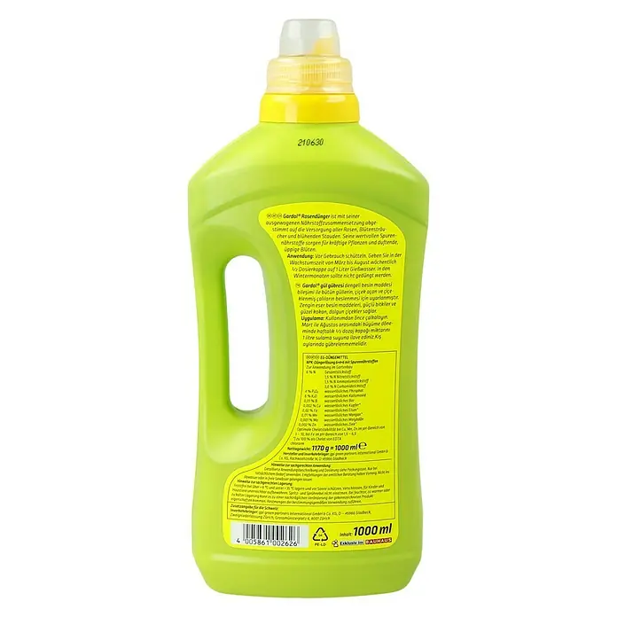 Gardol Rosendünger - 1 l - Flasche Gardol Rosendünger, ein ausgewogener Nährstoffdünger für Rosen und blühende Pflanzen. Sorgt für kräftige Pflanzen und üppige Blüten.