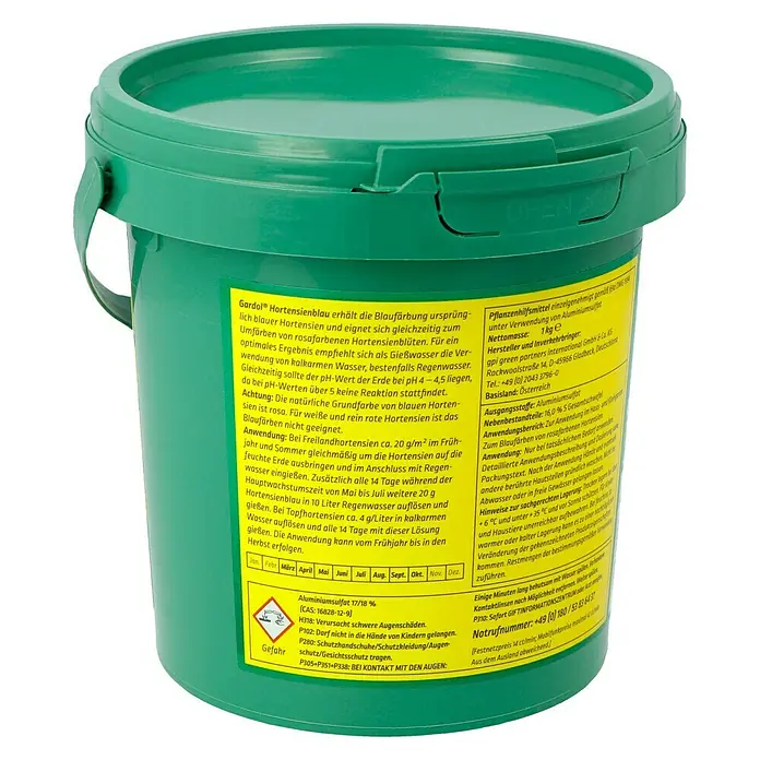 Gardol Hortensienblau - 1 kg, Max. Anwendungsfläche: 50 m² - Ein grüner Eimer Gardol Hortensienblau, ein Produkt zur Blaufärbung von Hortensien, mit Produktinformationen und Warnhinweisen auf dem Etikett.