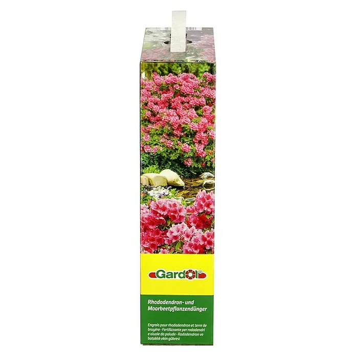 Gardol Rhododendrondünger - 2,5 kg, Max. Anwendungsfläche: 60 m² - Bild einer Packung Gardol Rhododendron- und Moorbeetpflanzendünger mit blühenden Rhododendren im Hintergrund.