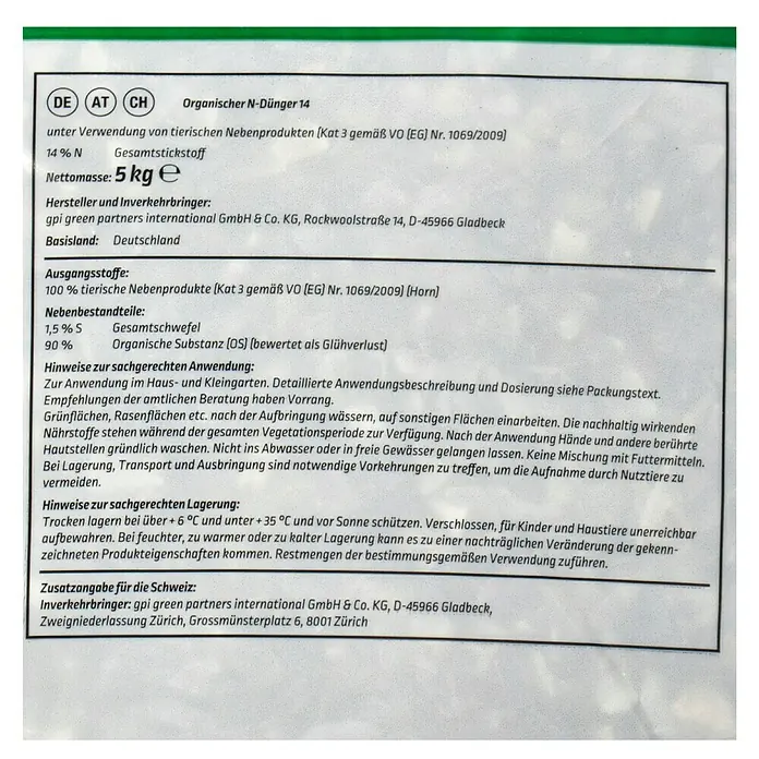 Gardol Bio-Hornspäne - 5 kg, Max. Anwendungsfläche: 100 m² - Etikett des organischen N-Düngers 14 von gpi green partners international GmbH & Co. KG mit Anwendungshinweisen.