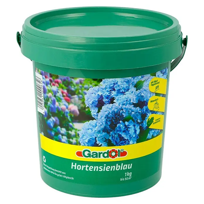 Gardol Hortensienblau - 1 kg, Max. Anwendungsfläche: 50 m² - Ein grüner Eimer Gardol Hortensienblau, ein Produkt zur Blaufärbung von Hortensien, mit einer Kapazität von 1 kg für bis zu 50 m².