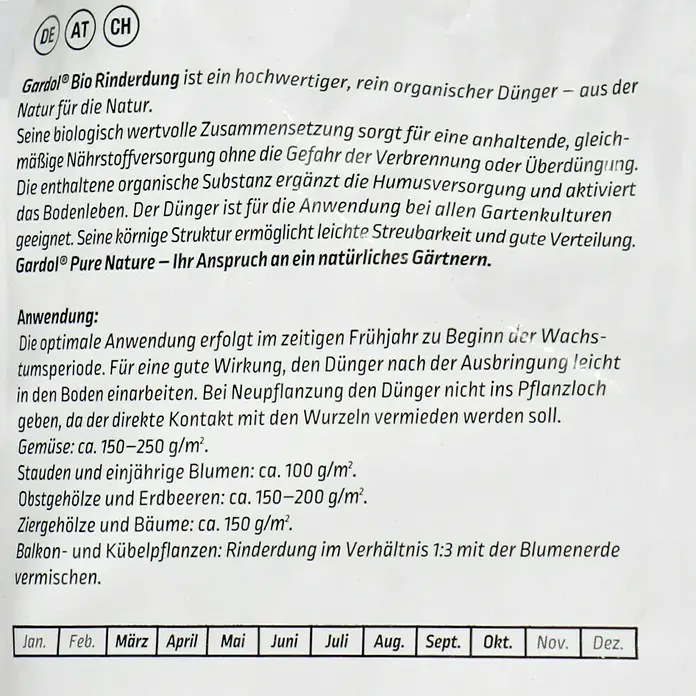 Gardol Pure Nature Bio-Rinderdung - 12,5 kg, Max. Anwendungsfläche: 125 m² - Etikett von Gardol Bio Rinderdung, einem organischen Dünger für den Garten. Anwendungshinweise und Dosierungsempfehlungen sind angegeben.