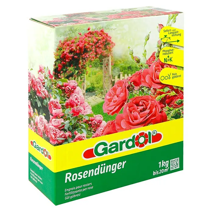 Gardol Rosendünger - 1 kg, Max. Anwendungsfläche: 20 m² - Abbildung einer Packung Gardol Rosendünger, einem Dünger für Rosen, der sofort und langzeitlich wirkt.