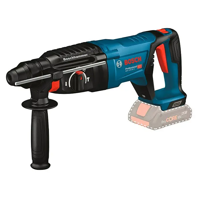 Bosch Professional AMPShare 18V Akku-Kombihammer GBH 18 V-26 D - 18 V, Ohne Akku, 2,5 J - Abgebildet ist ein blauer Boschhammer GBH 18V-26 D Akku-Bohrhammer mit einem ProCORE 18V 4.0Ah Akku, der für schwere Bohrarbeiten geeignet ist.