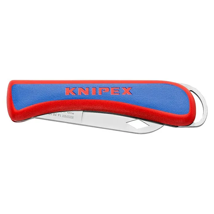 Knipex Klappmesser Elektriker-KlappmesserKlingenlänge: 80 mm - Nahaufnahme eines Knipex-Messer mit blau-rotem Griff, das ein präzises und zuverlässiges Werkzeug für verschiedene Anwendungen darstellt.