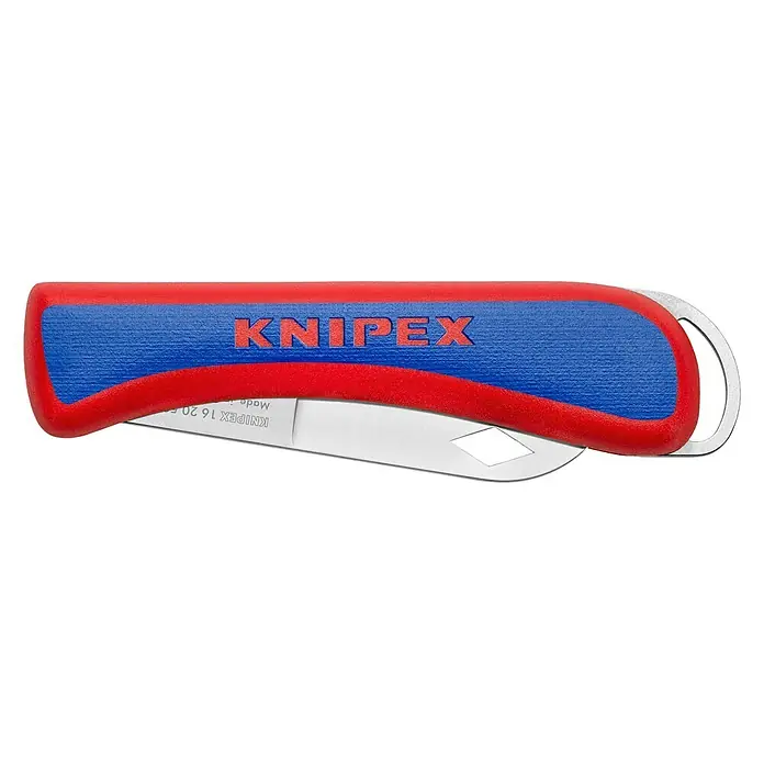 Knipex Klappmesser Elektriker-Klappmesser - Klingenlänge: 80 mm - Das KNIPEX Elektro-Installationsmesser mit einer roten und blauen Griffschale. Es ist ein praktisches Werkzeug für Elektriker.
