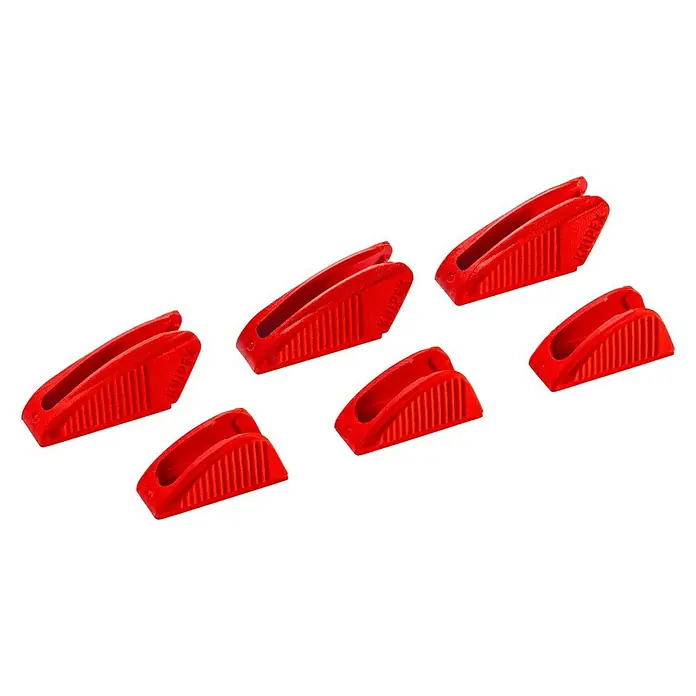 Knipex Schonbacken - Kunststoff, Passend für: Knipex Zangenschlüssel 86 XX 250ger Modelle ab 2018 - Sechs rote Knipex-Werkzeuge auf schwarzem Hintergrund. Präzisionswerkzeuge für vielfältige Anwendungen.