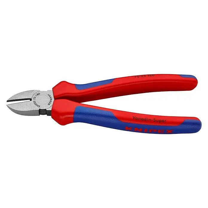 Knipex SeitenschneiderLänge: 18 cm, Härte Schneide: 62 HRC - Knipex Seitenschneider mit rot-blauen Griffen. Präzisionswerkzeug für harte und weiche Drähte, ideal für professionelle Anwendungen.