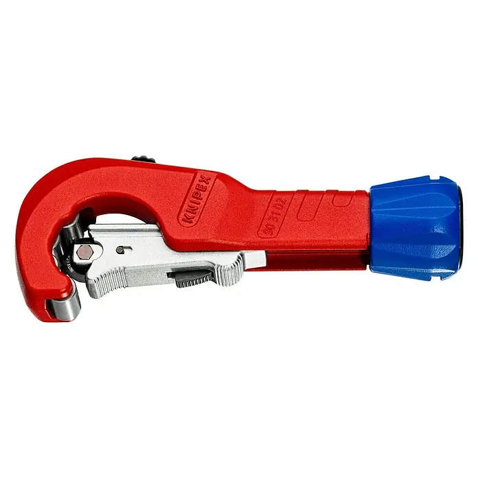 Knipex Teleskop-Rohrabschneider TubiX - 6 mm - 35 mm - Ein Knipex Rohrabschneider in Rot, Silber und Blau, ideal zum präzisen Zuschneiden von Rohren. Praktisches Werkzeug für Installateure und Heimwerker.
