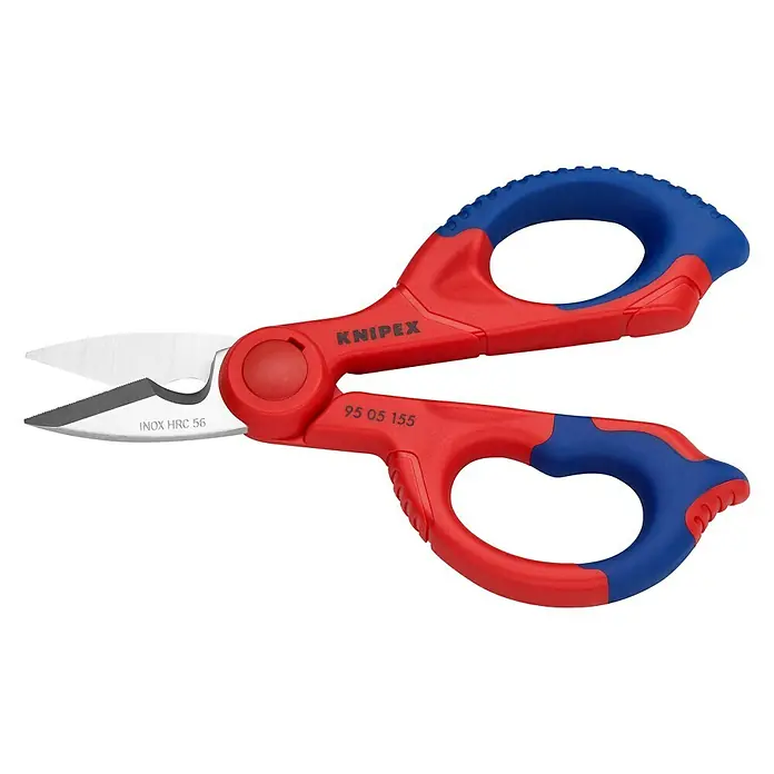 Knipex Arbeitsschere - Länge: 15,5 cm - Knipex 95 05 155 Schere mit roten und blauen Griffen, scharfe Edelstahlklingen für präzise Schnitte, ideal für Werkstatt und Hobby.