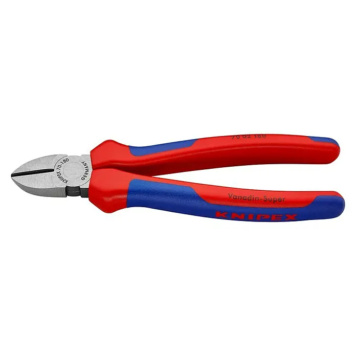 Knipex SeitenschneiderLänge: 18 cm, Härte Schneide: 62 HRC - Knipex Seitenschneider mit rot-blauen Griffen. Hochwertiges Werkzeug für präzise Schnitte in verschiedenen Materialien.