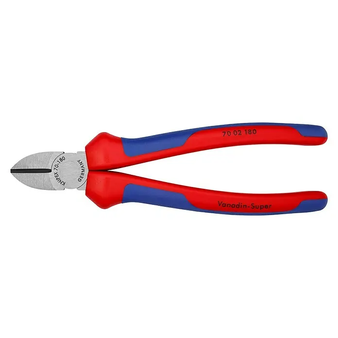 Knipex SeitenschneiderLänge: 18 cm, Härte Schneide: 62 HRC - Seitenschneider von Knipex mit blau-roten Griffen und der Aufschrift „70 02 180“ und „Vanadin-Super“.