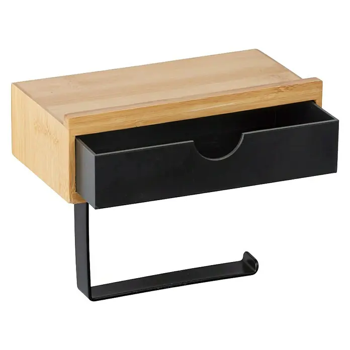 Wenko Bambusa Toilettenpapierhalter - L x B x H: 105 x 185 x 14 cm, Stahl, Schwarz/Bambus - Toilettenpapierhalter mit Ablage aus Bambus und schwarzer Schublade, ideal für Badezimmer, bietet stilvollen Stauraum und praktische Funktion.