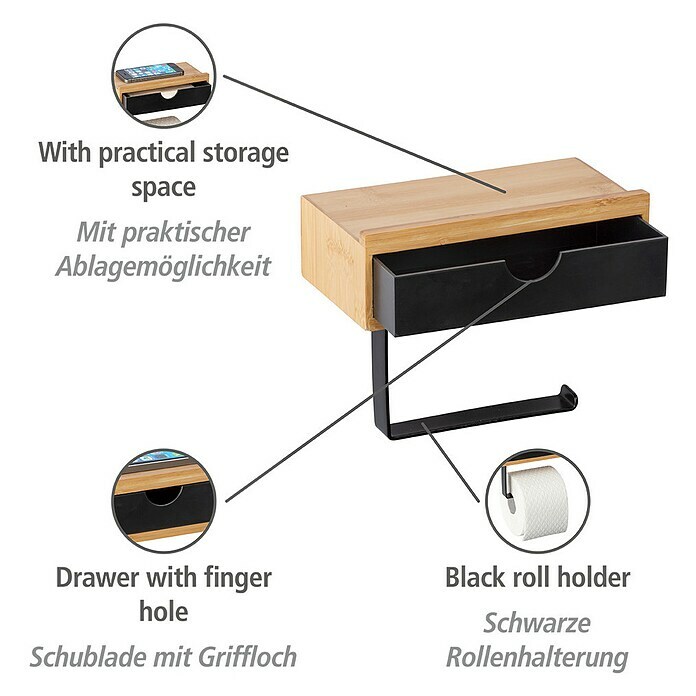 Wenko Bambusa ToilettenpapierhalterMit Ablage, Schwarz/Bambus, Matt Use Shot