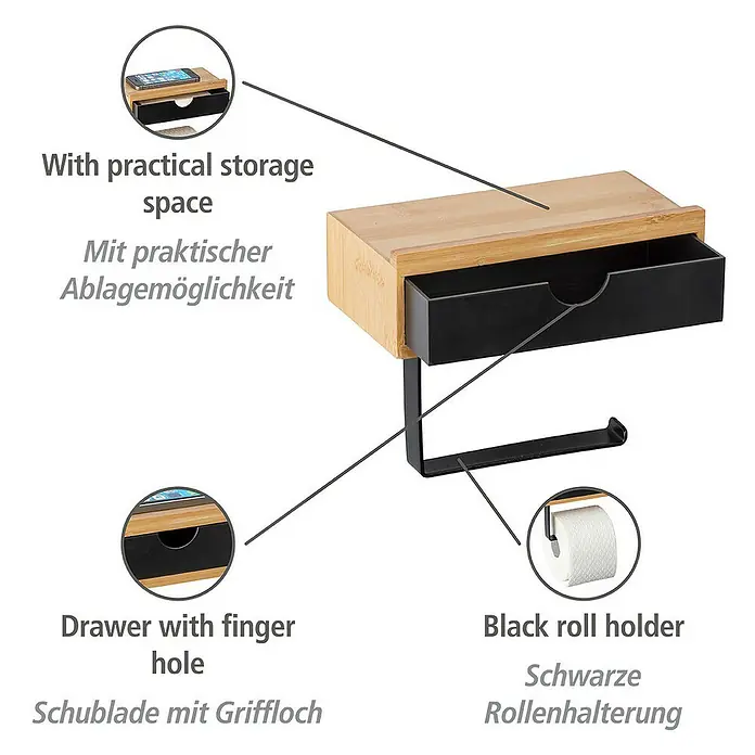 Wenko Bambusa Toilettenpapierhalter - L x B x H: 105 x 185 x 14 cm, Stahl, Schwarz/Bambus - Produktansicht eines Toilettenpapierhalters mit Ablagefläche und Schublade aus Bambus und schwarzem Metall.
