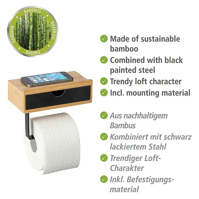 Wenko Bambusa Toilettenpapierhalter - L x B x H: 105 x 185 x 14 cm, Stahl, Schwarz/Bambus - Toilettenpapierhalter mit Ablage aus Bambus und Stahl, ideal für Handy und kleine Badutensilien.