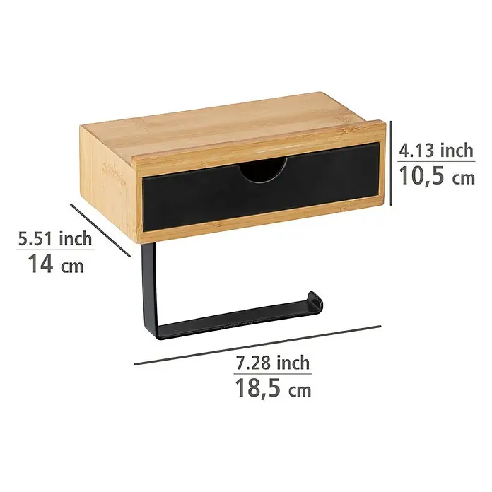 Wenko Bambusa Toilettenpapierhalter - L x B x H: 105 x 185 x 14 cm, Stahl, Schwarz/Bambus - Bild einer Toilettenpapierhalterung mit Ablagefläche, Maße sind angegeben.