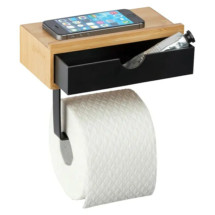 Wenko Bambusa ToilettenpapierhalterMit Ablage, Schwarz/Bambus, Matt - Ein Toilettenpapierhalter mit Ablage für Handy und Kosmetik, ideal für ein stilvolles Badezimmer. Praktisch und platzsparend.