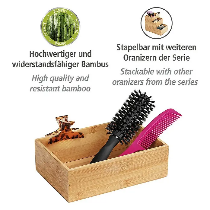 Wenko Aufbewahrungsbox Terra L - 15 x 22 x 7 cm, Bambus - Bambus-Organizer mit Haarbürste, Kamm und Haarspange. Stapelbar mit weiteren Organizern.