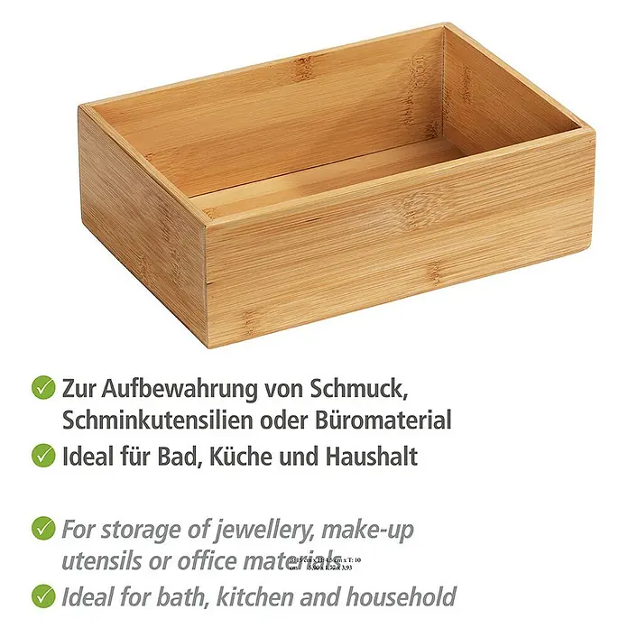 Wenko Aufbewahrungsbox Terra L - 15 x 22 x 7 cm, Bambus - Holzbehälter zur Aufbewahrung von Schmuck, Schminkutensilien oder Büromaterial, ideal für Bad, Küche und Haushalt.
