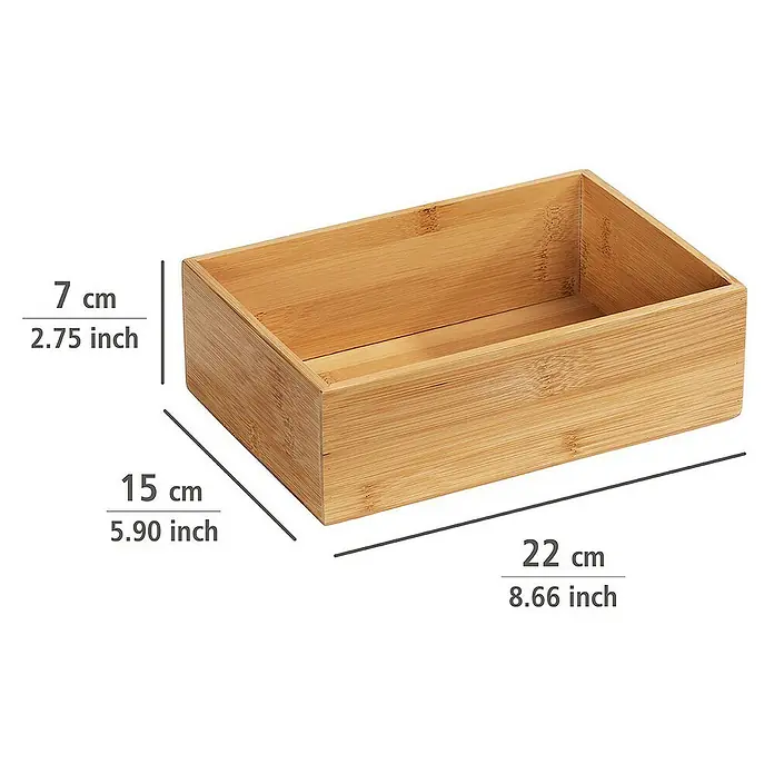 Wenko Aufbewahrungsbox Terra L - 15 x 22 x 7 cm, Bambus - Produktansicht: Ein rechteckiger Bambusbehälter mit Maßangaben für Höhe, Breite und Länge, ideal zur Aufbewahrung.