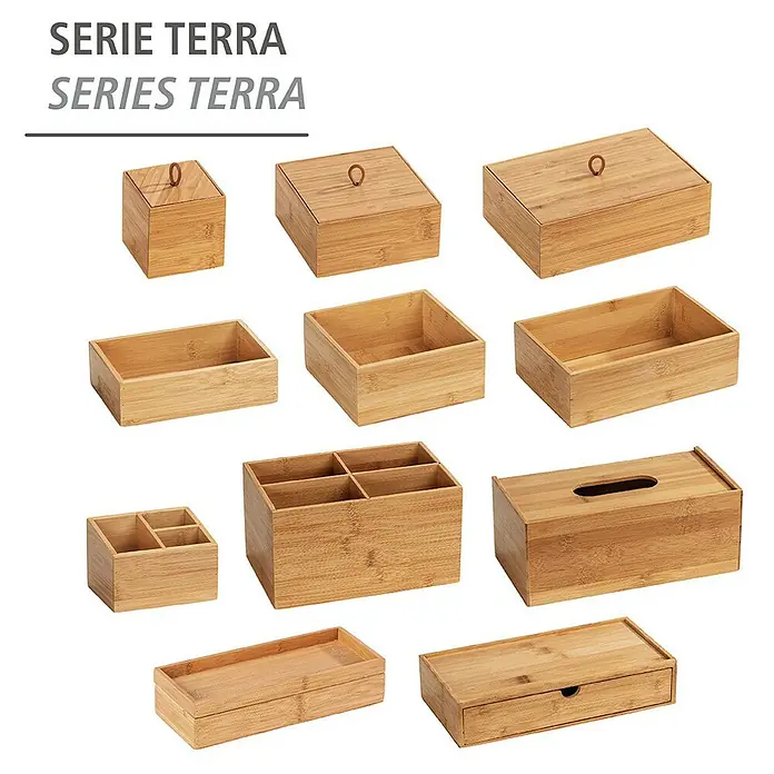 Wenko Aufbewahrungsbox Terra L - 15 x 22 x 7 cm, Bambus - Eine Sammlung von Serie Terra Bambusbehältern in verschiedenen Formen und Größen für die Organisation.