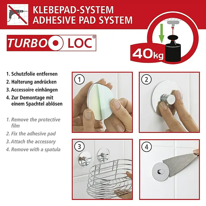 Wenko Bambusa Bad-& Duschabzieher - Mit Halterung, Schwarz/Bambus, Bambus - Montageanleitung für das Turbo Loc Klebepad-System mit den Schritten Schutzfolie entfernen, Halterung andrücken, Accessoire einhängen und Demontage.