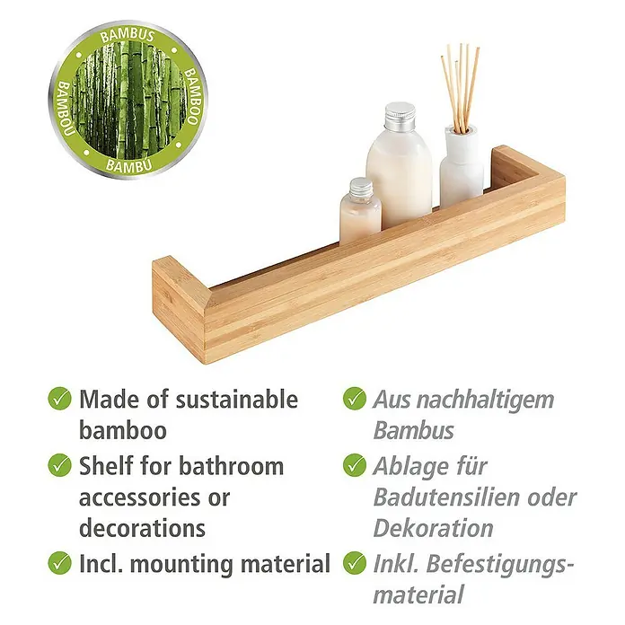 Wenko Bambusa BadregalL x B x H: 5 x 40 x 9 cm, Bambus - Bambus-Wandregal zur Aufbewahrung von Badutensilien. Aus nachhaltigem Bambus mit Montagematerial für einfache Installation.