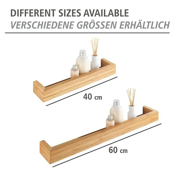 Wenko Bambusa Badregal - L x B x H: 5 x 40 x 9 cm, Bambus - Präsentation von zwei Bambusregalen in verschiedenen Größen (40 cm und 60 cm) für Badezimmerutensilien.