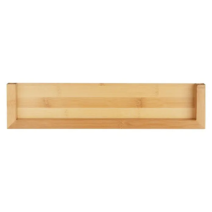 Wenko Bambusa Badregal - L x B x H: 5 x 40 x 9 cm, Bambus - Nahaufnahme einer leeren, rechteckigen Bambusschale mit glatten Kanten vor einem schwarzen Hintergrund.