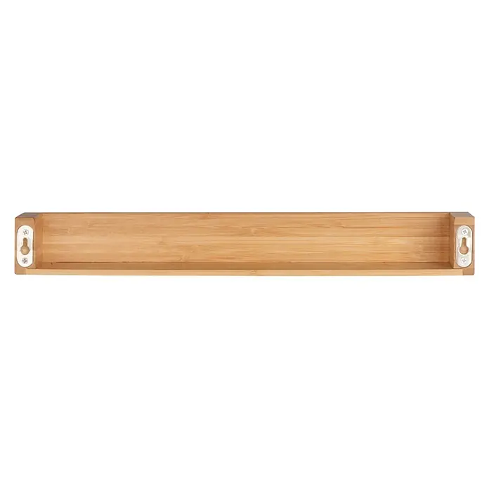 Wenko Bambusa Badregal - L x B x H: 5 x 40 x 9 cm, Bambus - Nahaufnahme eines Regals aus hellem Holz mit rückseitigen Halterungen, ideal für Wandmontage, das Ordnung und Stil in jeden Raum bringt.