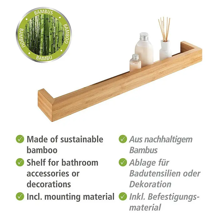 Wenko Bambusa BadregalL x B x H: 5 x 60 x 9 cm, Bambus - Nachhaltiges Bambusregal mit Kosmetikartikeln. Eine stilvolle Badablage aus Bambus für Badutensilien und Dekoration. Inklusive Montagematerial.