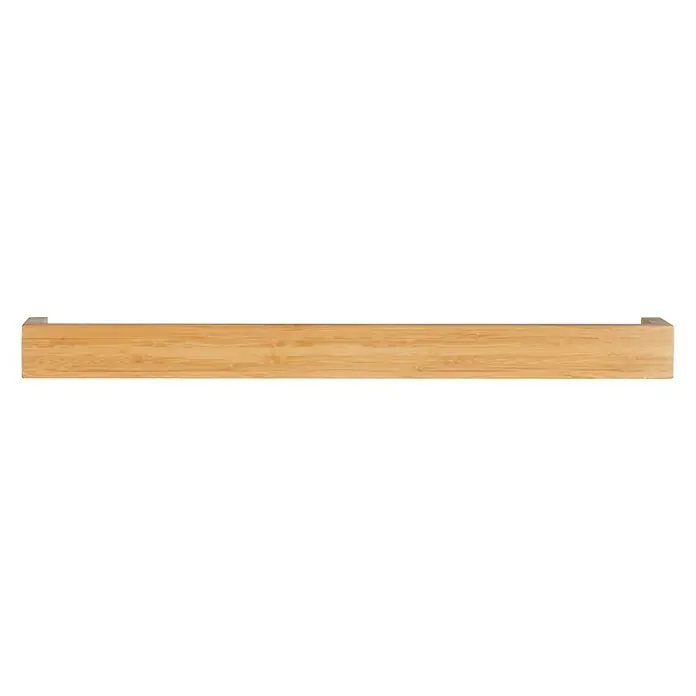 Wenko Bambusa Badregal - 5 x 60 x 9 cm, Naturmaterialien, Bambus - Nahaufnahme eines hölzernen Wandregals. Das Regal ist aus hellem Holz gefertigt und hat eine einfache, rechteckige Form. Es eignet sich perfekt, um Gegenstände zu präsentieren.