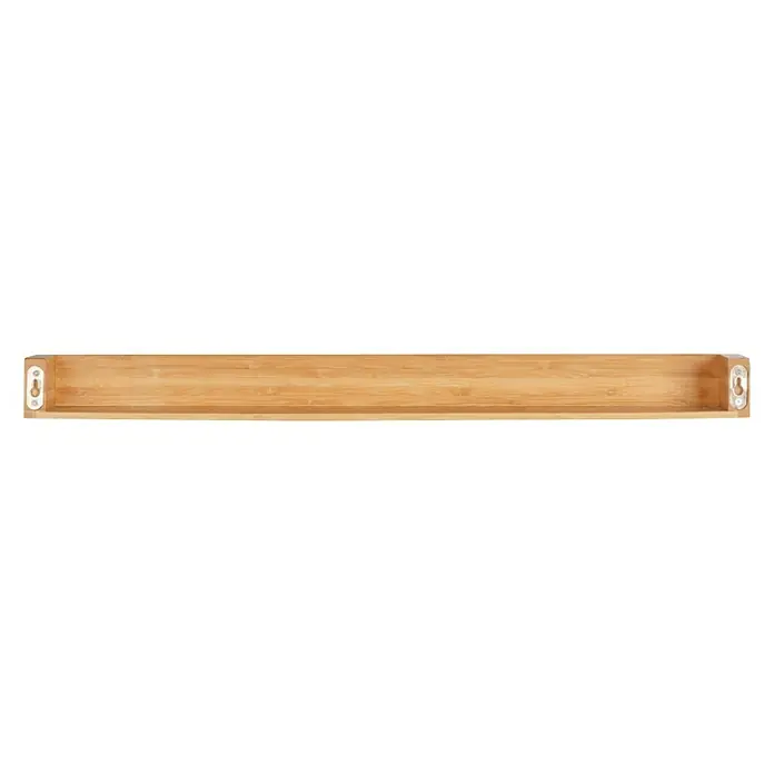 Wenko Bambusa BadregalL x B x H: 5 x 60 x 9 cm, Bambus - Ein rechteckiges, hellbraunes Wandregal mit erhöhten Kanten und Befestigungslöchern an den Seiten, ideal für die Wandmontage.