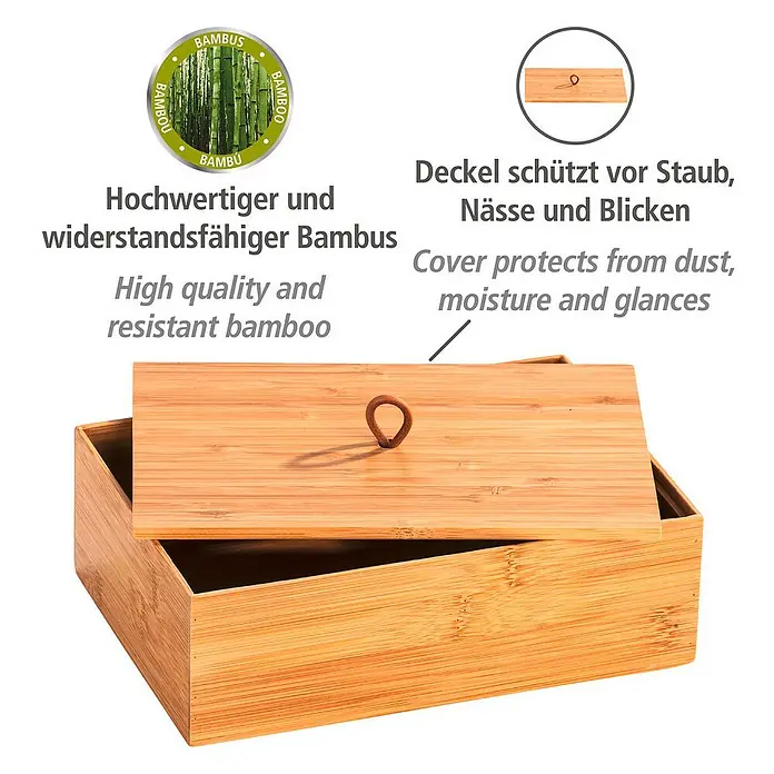 Wenko Aufbewahrungsbox Terra L mit Deckel - 15 x 22 x 7 cm, Bambus - Das Bild zeigt eine rechteckige Bambusbox mit Deckel und einer Lederschlaufe. Der Text beschreibt die hochwertige Qualität des Bambus.