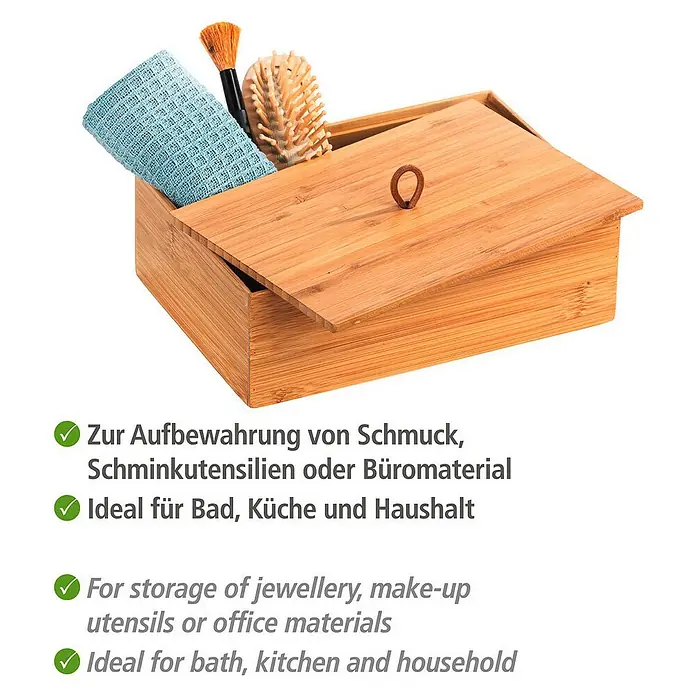 Wenko Aufbewahrungsbox Terra L mit Deckel15 x 22 x 7 cm, Bambus - Holzkiste mit Deckel und Ledergriff zur Aufbewahrung von Schmuck, Kosmetik oder Büroartikeln, ideal für Bad, Küche und Haushalt.