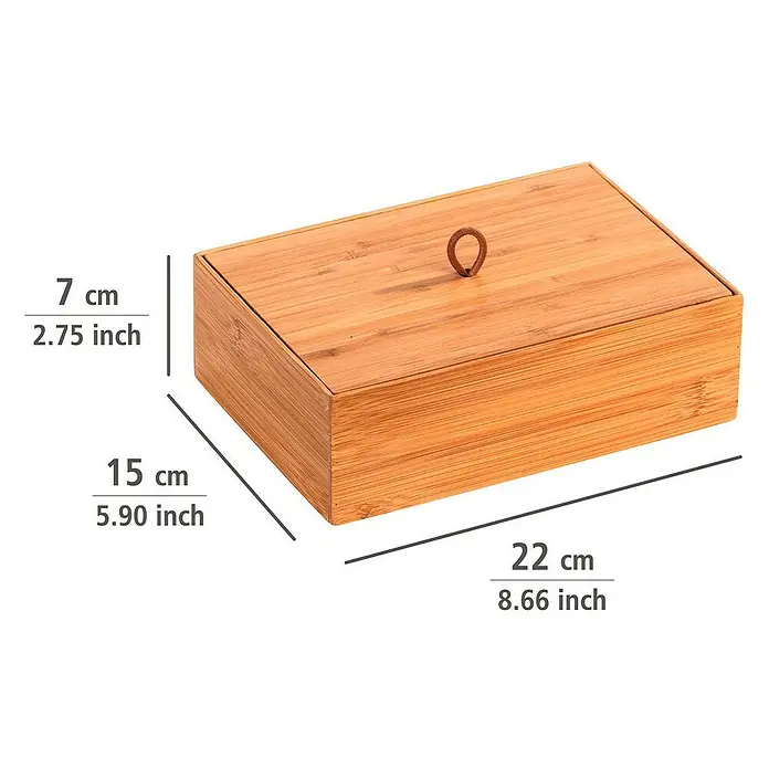 Wenko Aufbewahrungsbox Terra L mit Deckel - 15 x 22 x 7 cm, Bambus - Bamboo-Box mit den Maßen 22 x 15 x 7 cm. Die Box hat einen kleinen Knopf auf dem Deckel. Ideal zur Aufbewahrung von kleinen Gegenständen.