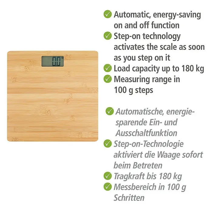 Wenko Bambusa Personenwaage - Bambus, Belastbarkeit: 180 kg - Das Bild zeigt eine quadratische Bambus-Waage mit digitaler Anzeige und Produktinformationen in Englisch und Deutsch.