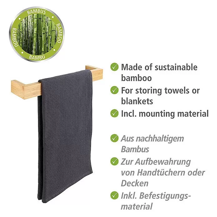 Wenko Bambusa Handtuchstange - Breite: 40 cm, Bambus - Handtuchhalter aus Bambus mit einem dunkelgrauen Handtuch, ideal für Bad oder Wohnbereich.