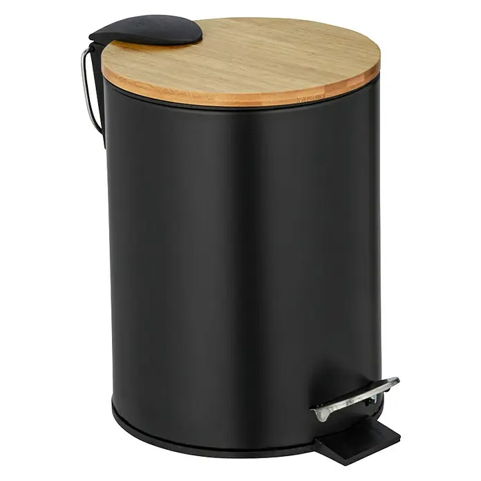 Wenko Kosmetikeimer Tortona3 l, Stahl, Schwarz/Bambus - Ein schwarzer Treteimer mit einem Deckel aus hellem Holz, ideal für Bad oder Küche, kombiniert Funktionalität mit stilvollem Design.