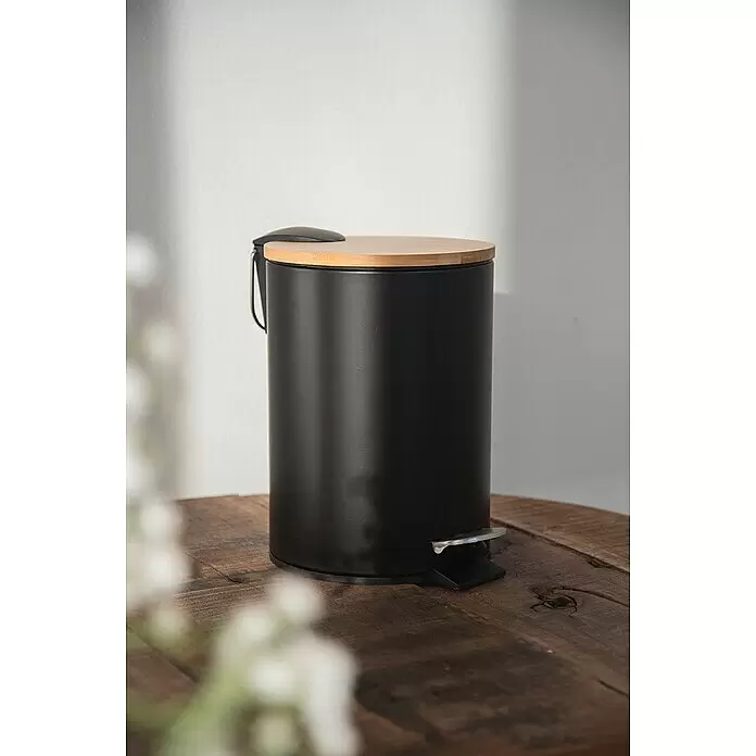 Wenko Kosmetikeimer Tortona3 l, Stahl, Schwarz/Bambus