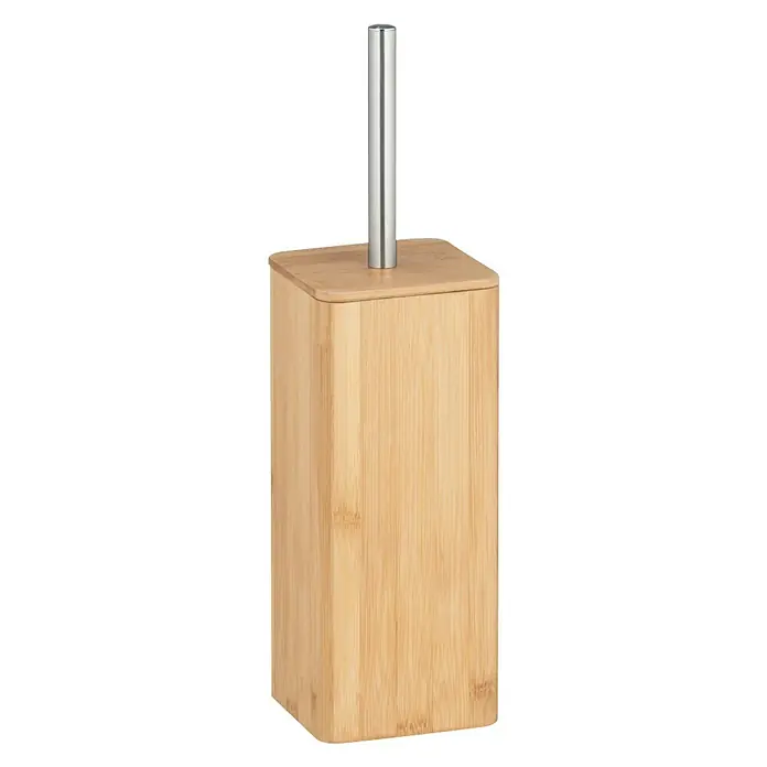 Wenko Bambusa WC-BürstengarniturBambus, Edelstahl/Bambus - Bambus Toilettenbürste mit silbernem Griff vor schwarzem Hintergrund. Das natürliche Material sorgt für ein freundliches Ambiente im Badezimmer.