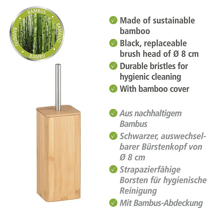 Wenko Bambusa WC-BürstengarniturBambus, Edelstahl/Bambus - Nachhaltige Bambus-WC-Garnitur mit schwarzem, auswechselbarem Bürstenkopf und robusten Borsten für hygienische Reinigung mit Bambusabdeckung.
