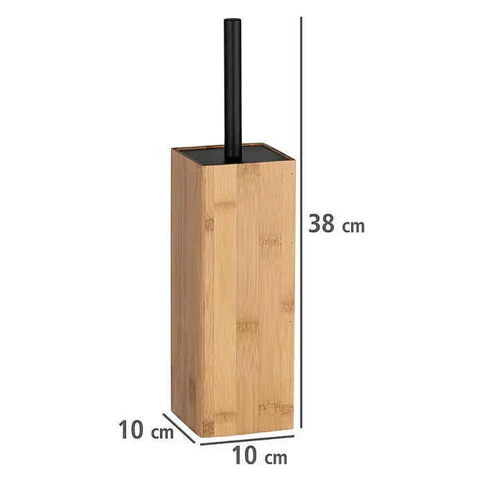 Wenko WC-Bürstengarnitur Padua - Bambus, Schwarz/Bambus - Bild eines eckigen WC-Garnitur aus Bambus mit einem schwarzen Griff und den Maßen 10 x 10 x 38 cm.
