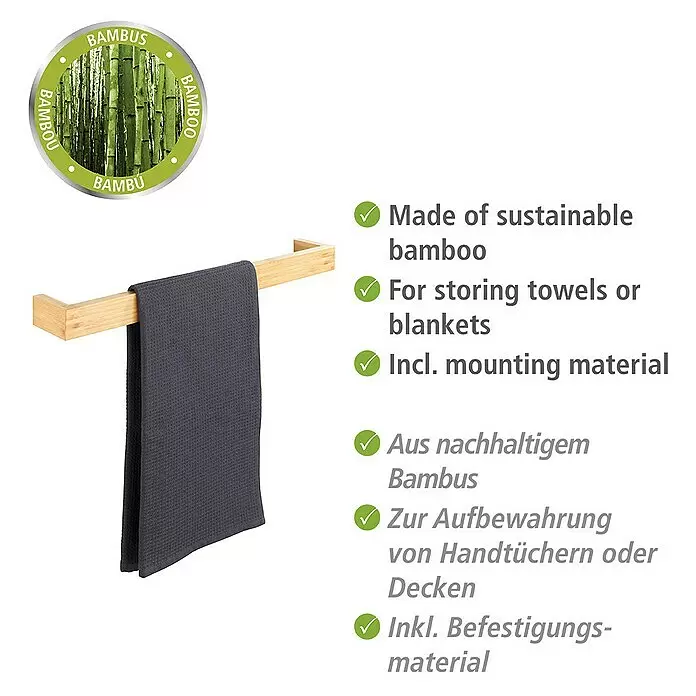 Wenko Bambusa Handtuchstange - Breite: 60 cm, Bambus - Bambus-Handtuchhalter mit einem dunkelgrauen Handtuch. Zur Aufbewahrung von Handtüchern oder Decken.