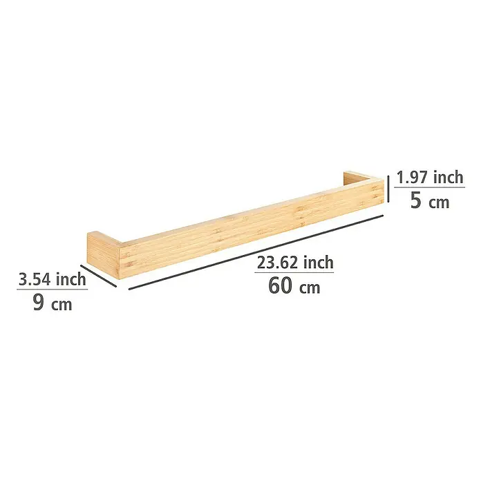 Wenko Bambusa Handtuchstange - Breite: 60 cm, Bambus - Abbildung einer Handtuchstange aus hellem Holz mit Maßangaben in Zoll und Zentimetern. Die Handtuchstange ist robust und ideal für Badezimmer.