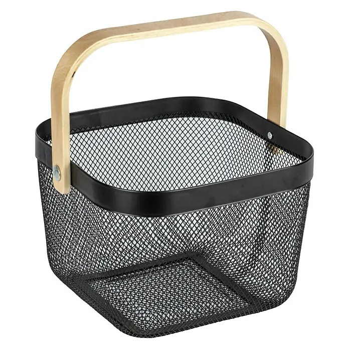 Wenko Bambusa Bad-Aufbewahrungskorb25 x 25 x 17 cm, Stahl, Schwarz/Bambus - Ein quadratischer Drahtkorb mit einem Holzgriff bietet eine stilvolle Aufbewahrungslösung und ist ideal für Ordnung im ganzen Haus.